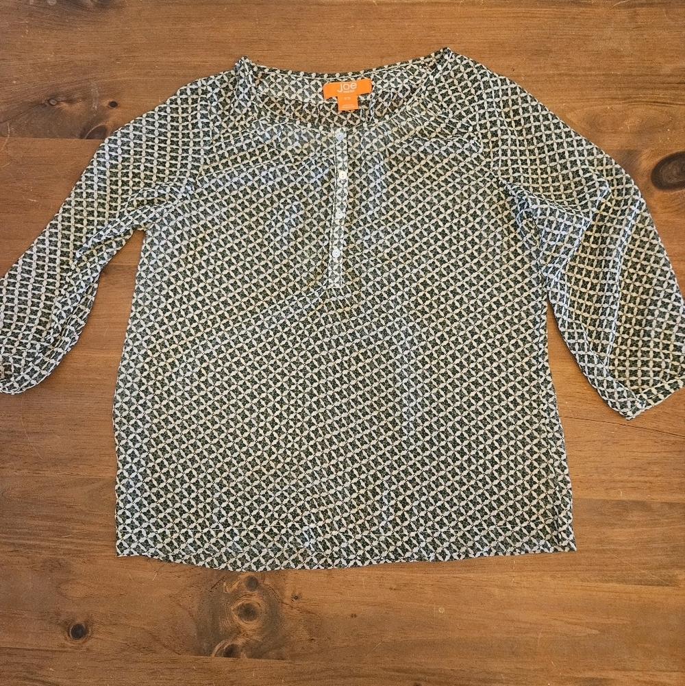 Joe Fresh Sheer Geometric Patterned 3/4 Sleeve Shirt Button Front Green Small